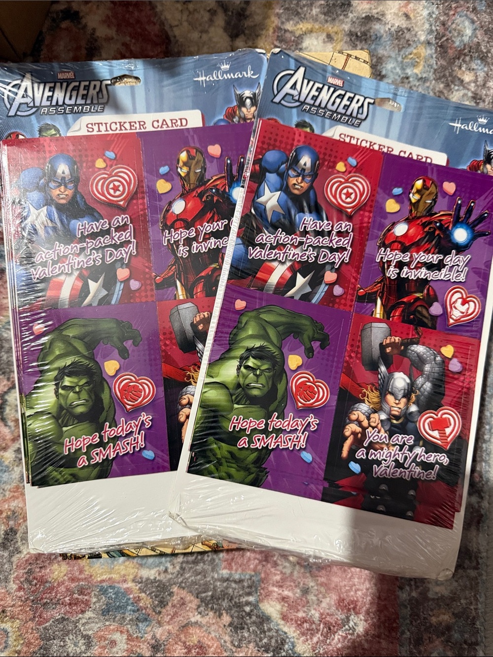 NIB 2 packs Hallmark Avengers Assemble Valentine Sticker Cards - Purple/Red